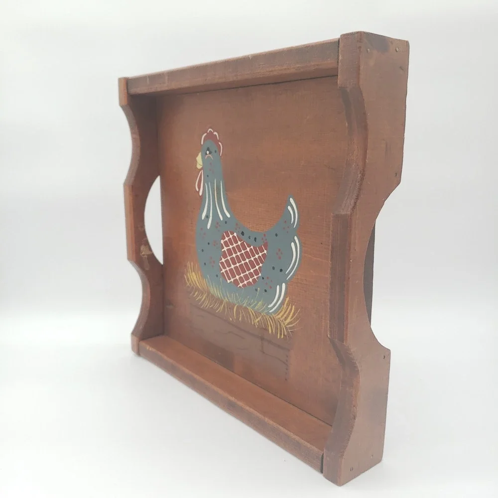 Vtg Rooster Farmhouse Wooden Serving Tray Folk Art Hen Hand Painted Rustic Decor
